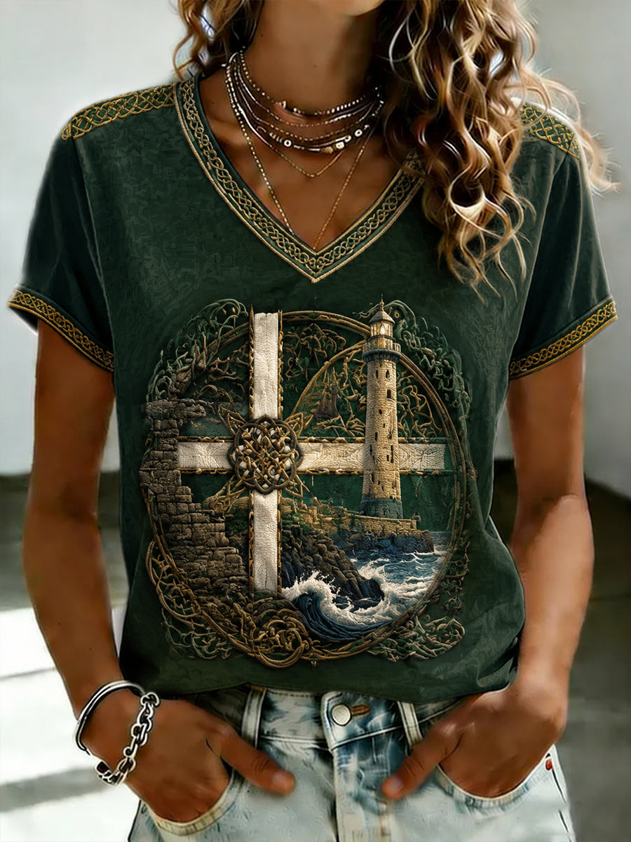 Women's Cornish Celtic-style Printed V-neck T-shirt