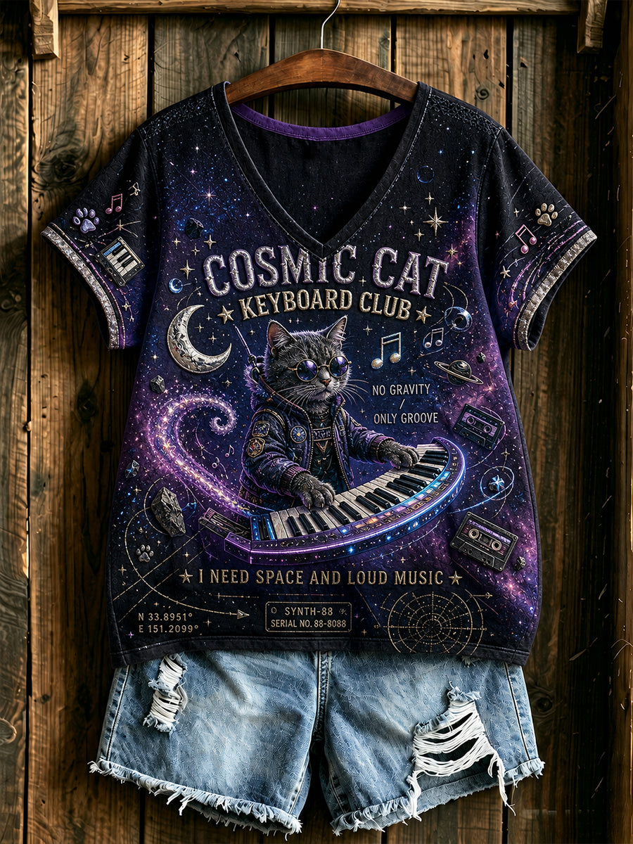 Women's Cosmic Cat Keyboard V-Neck T-Shirt
