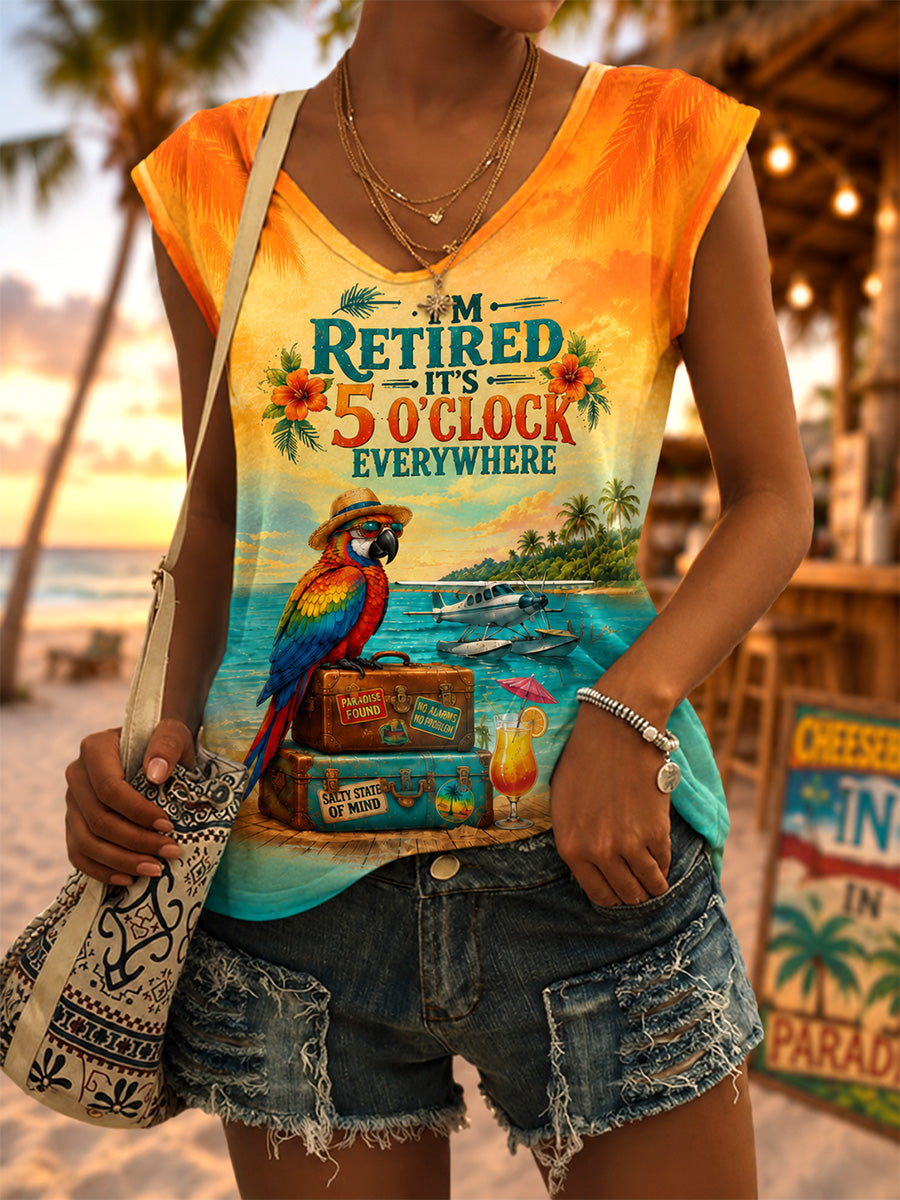 Women's I'm Retired It's 5 O'clock Everywhere Parrot Print Casual V-Neck Vest