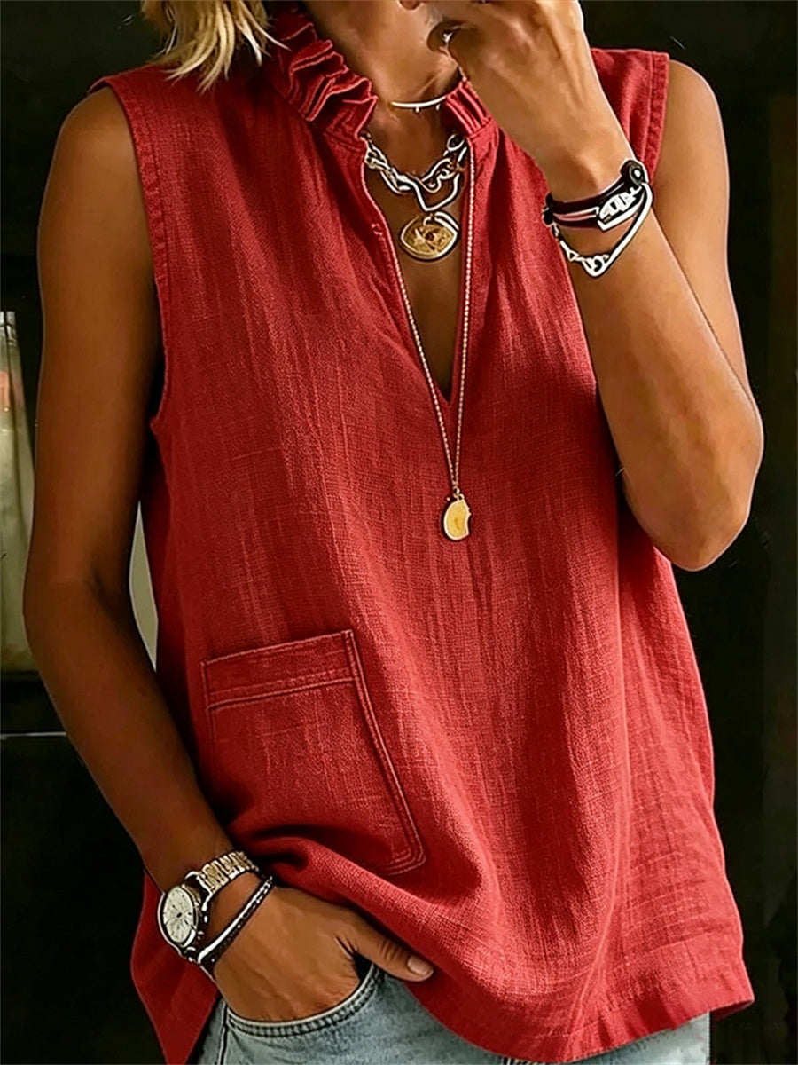 Women's Patch Pocket Ruffle V Neck Linen Tank Top