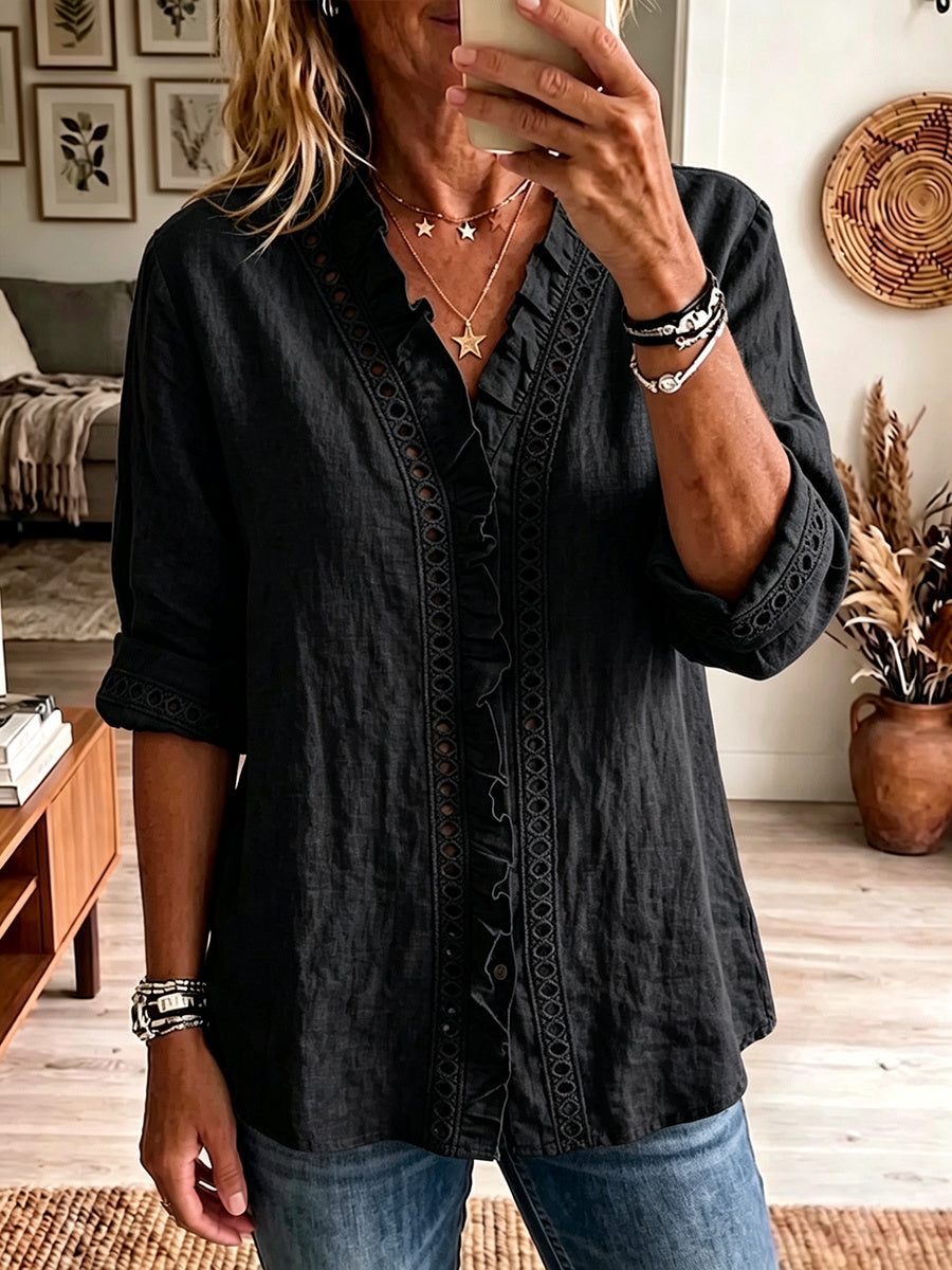 Women's Ruffle Trim Placket Hollow Lace Bordered Comfy Blouse