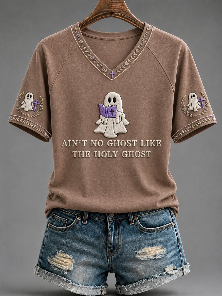 Women's Christian Halloween “Ain't No Ghost Like the Holy Ghost” V-neck Short Sleeve T-shirt