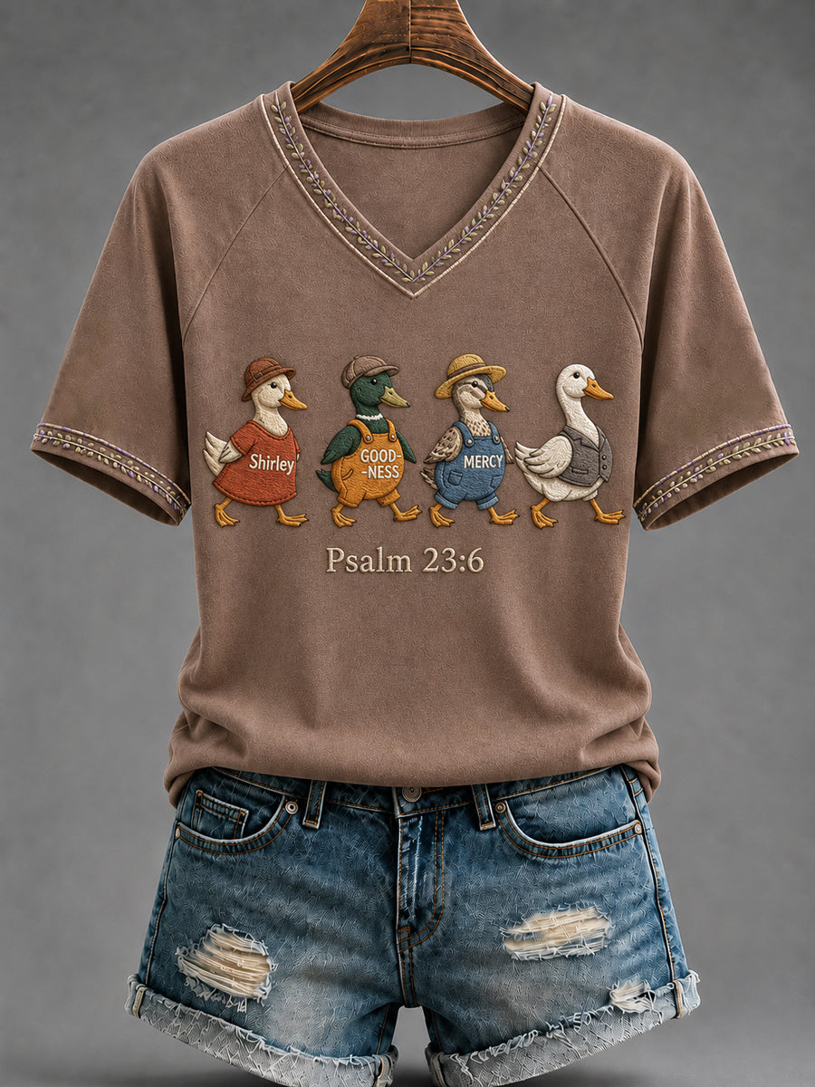 Women's Christian Surely Goodness Mercy Psalm 23:6 Goose V-neck Short Sleeve T-shirt