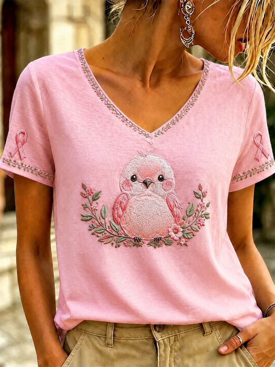 Women's Breast Cancer Pink Art Printed V-neck T-shirt