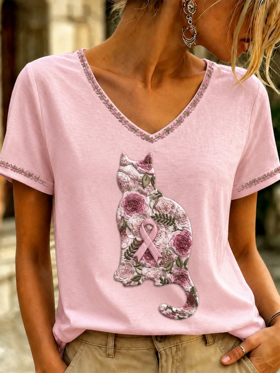 Women's Breast Cancer Pink Art Printed V-neck T-shirt