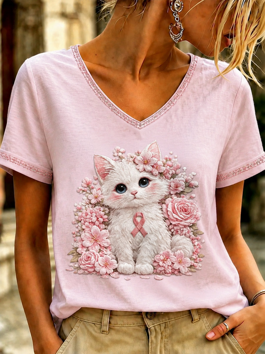 Women's Breast Cancer Pink Art Printed V-neck T-shirt
