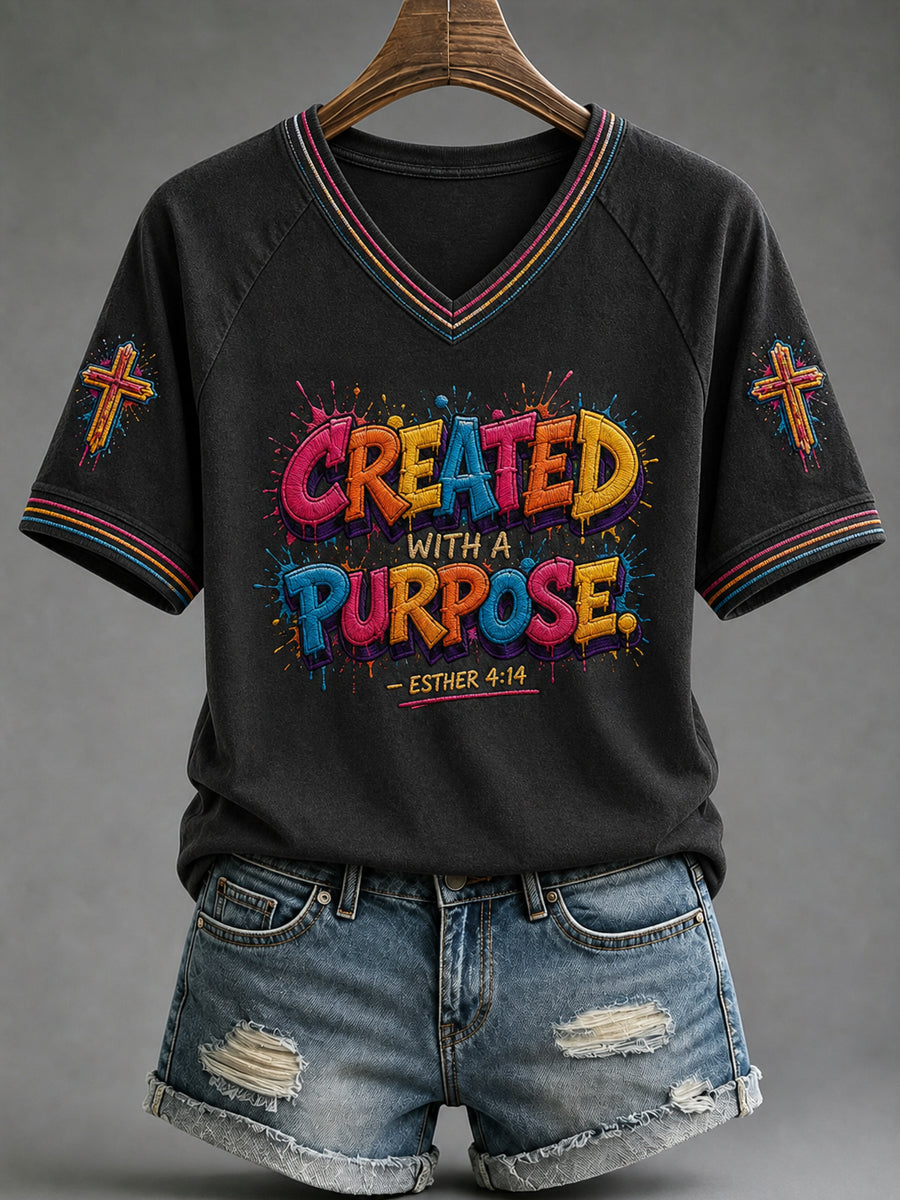 Women's Christian Created With A Purpose V-neck Short Sleeve T-shirt