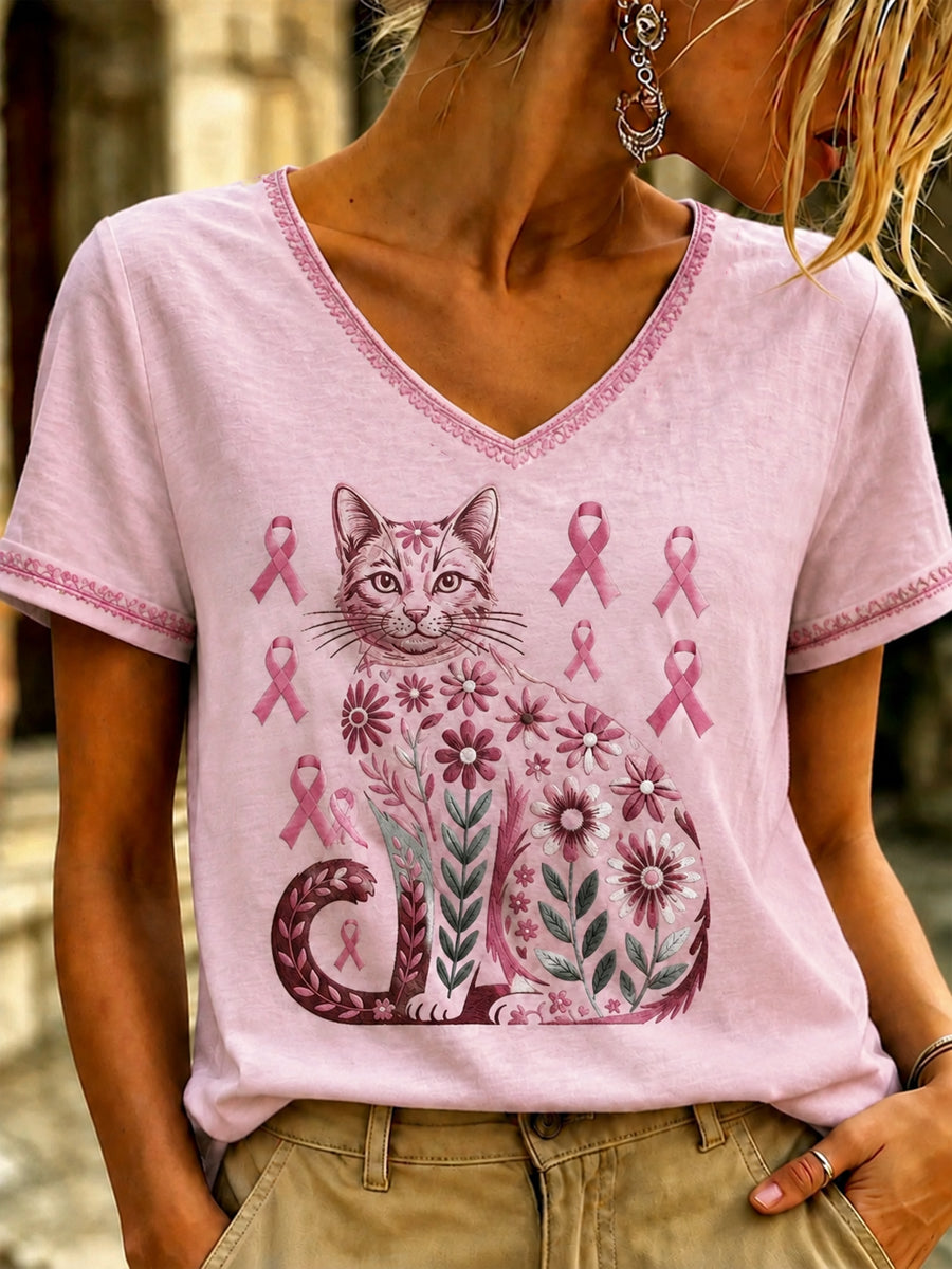 Women's Breast Cancer Pink Art Printed V-neck T-shirt