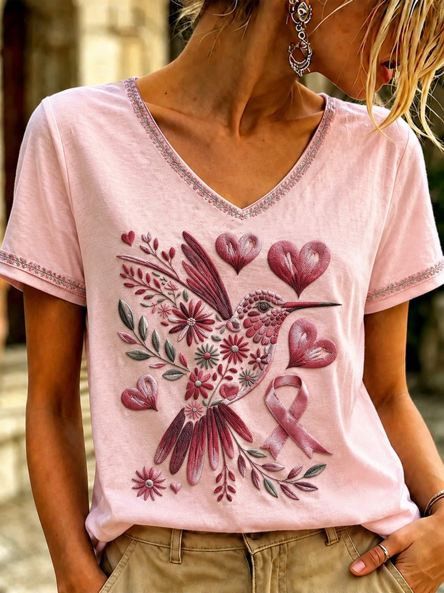 Women's Breast Cancer Pink Art Printed V-neck T-shirt