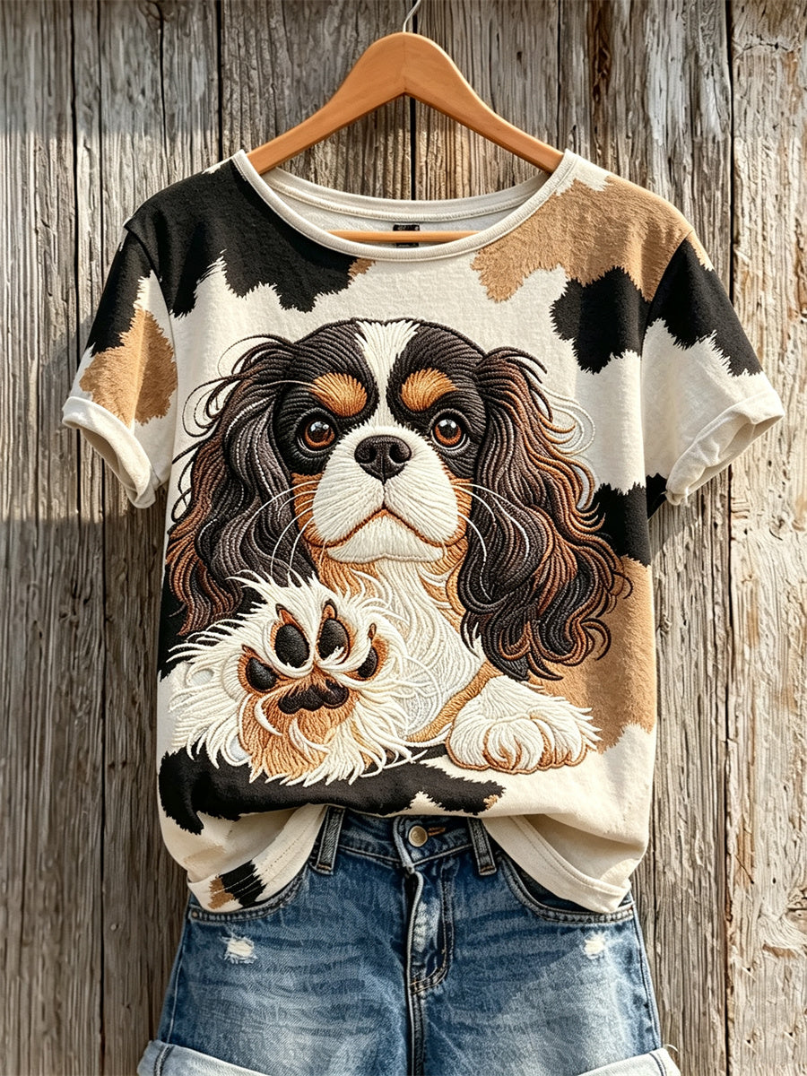 Women's King Charles Spaniel & Dog Coat Pattern Print short-sleeved T-shirt