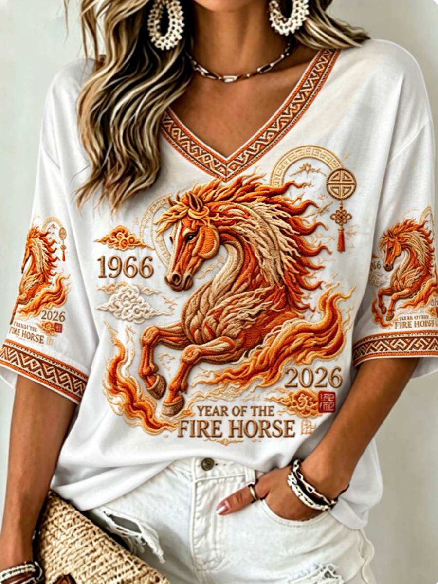 Women's YEAR OF THE FIRE HORSE Mid-length Sleeves V-Neck T-Shirt