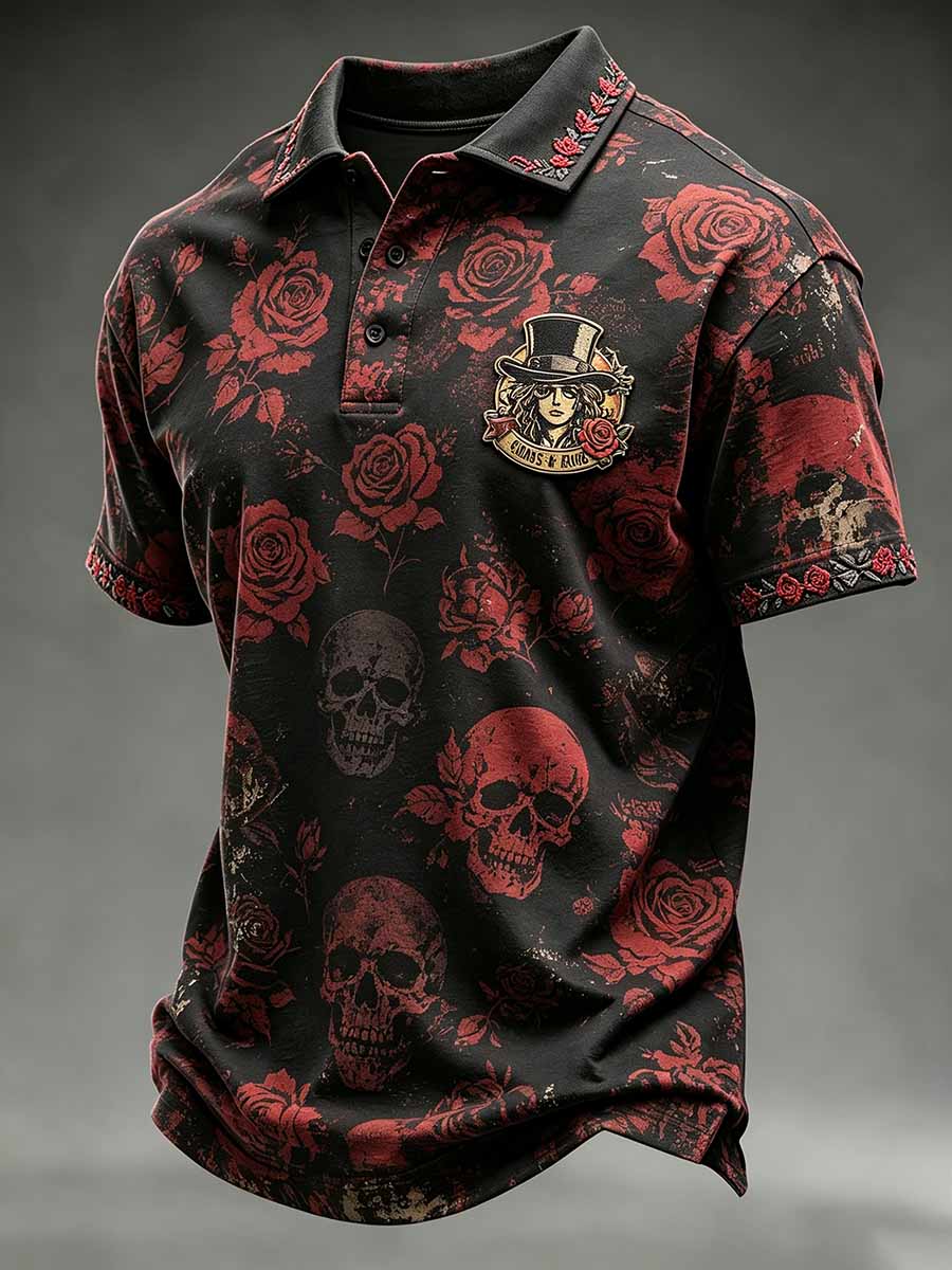 Men's Retro Guns N' Roses Print Polo Shirt