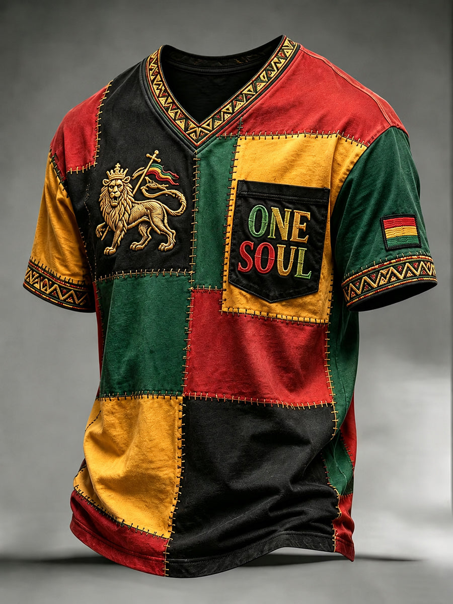 Patchwork Casual T-Shirt for Retro Reggae Music Fans