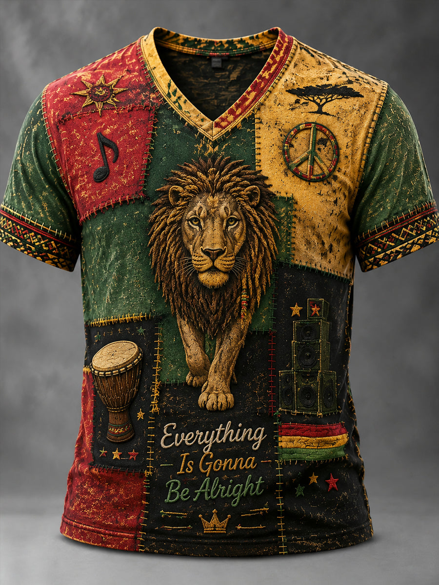 Retro Reggae Lover Lion Patchwork T-Shirt