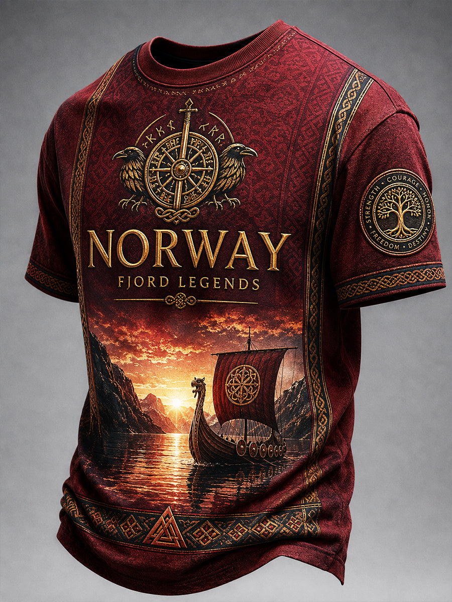 Casual T-Shirt With Vintage Norwegian VikingScandinavianNordic-Style Art Print