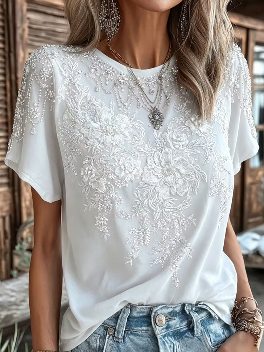 Women's Casual Cotton-Linen Top with Vintage Floral Art Print