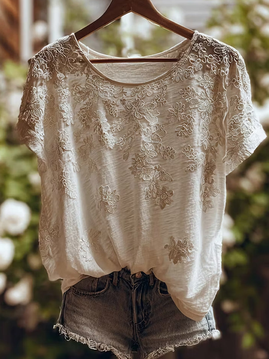 Women's Casual Cotton-Linen Top with Vintage Floral Art Print