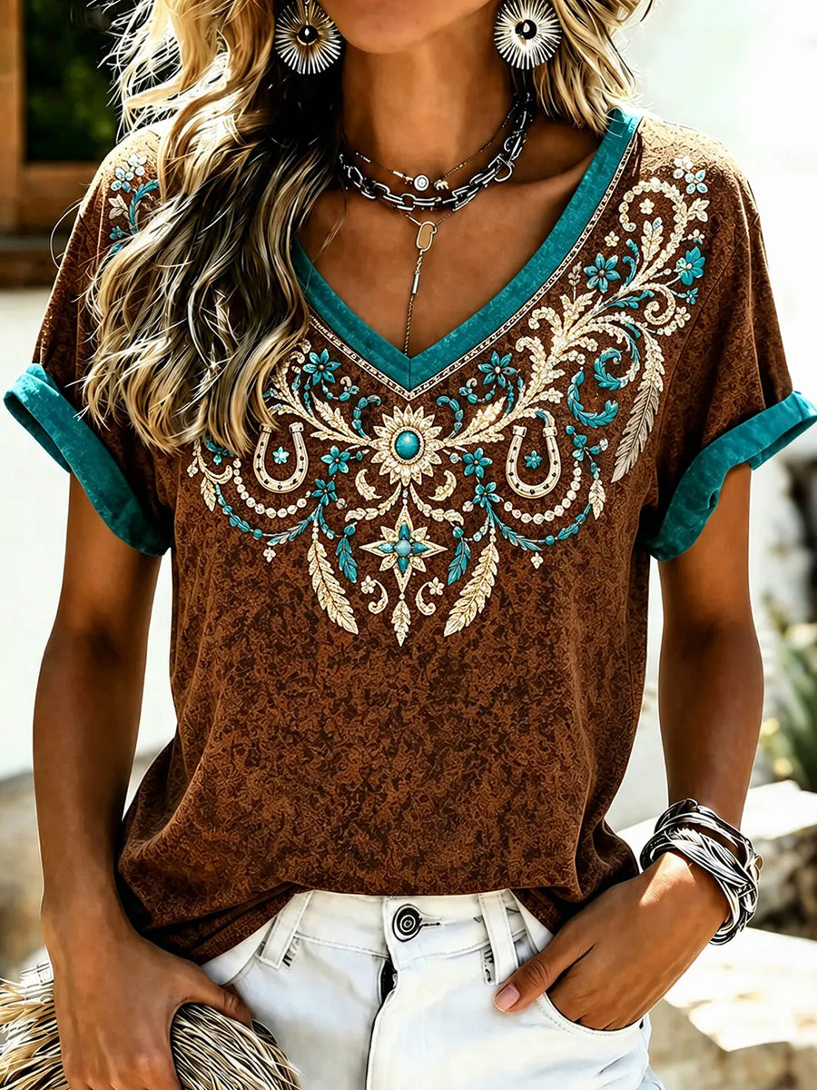 Women's Vintage Western Ethnic Pattern Print Short-sleeved T-shirt