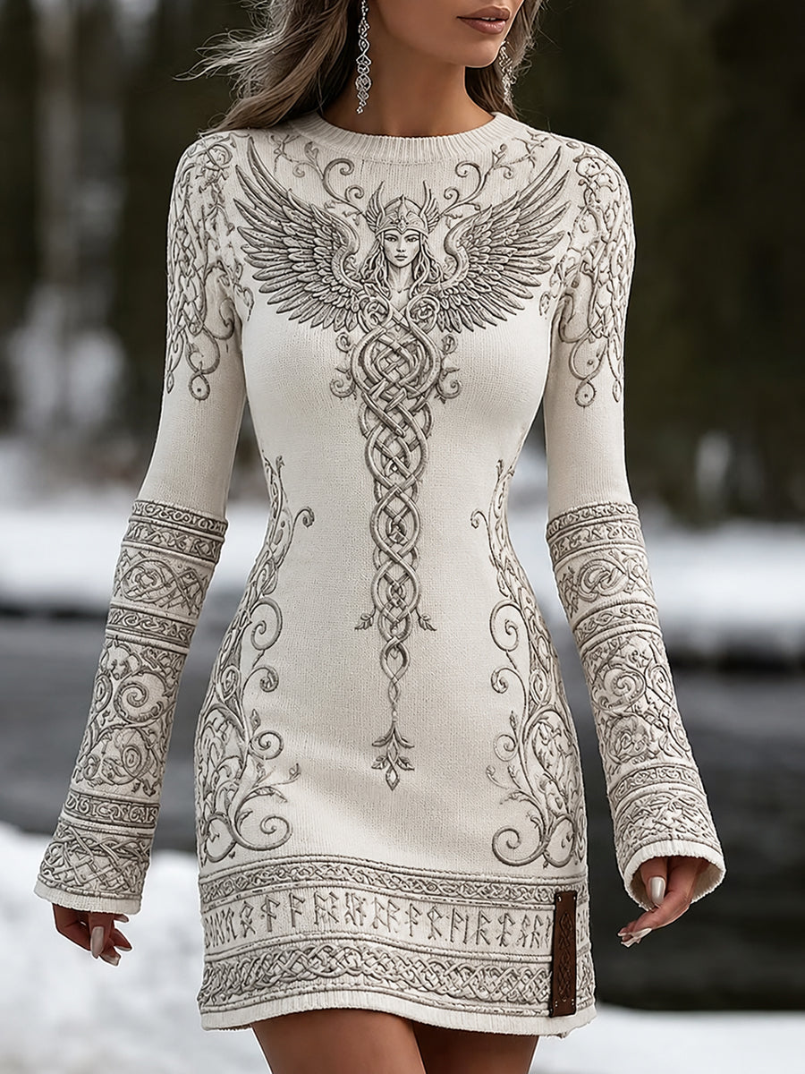Vintage Viking-Inspired Nordic Print Casual Dress
