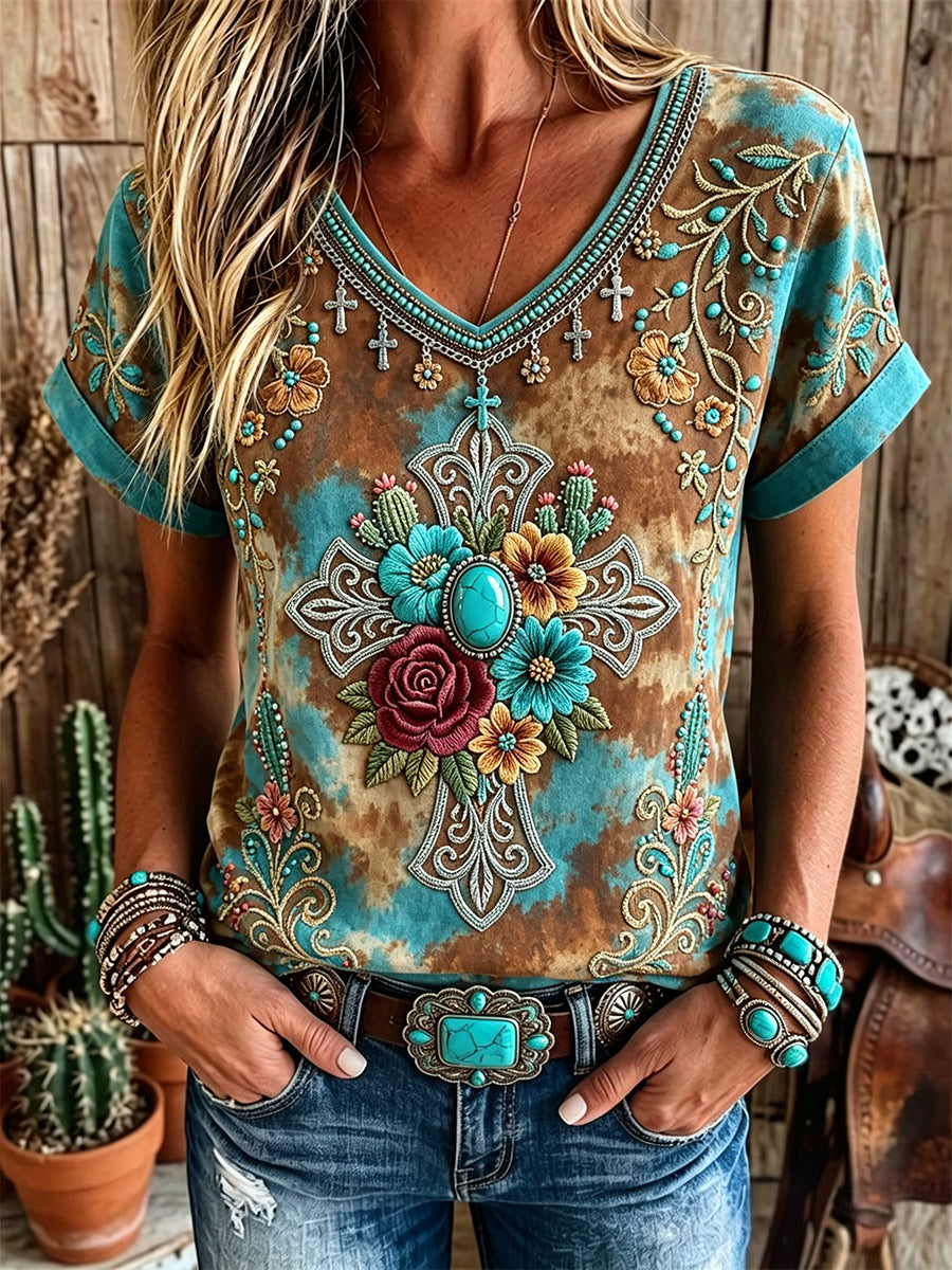 Women's Vintage Western Floral Turquoise Cross Print Short-sleeved T-shirt