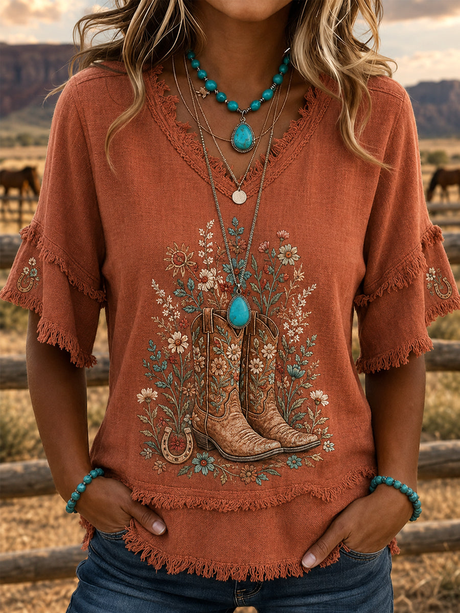 Women's Western Boot Print Casual Fringed Shirt