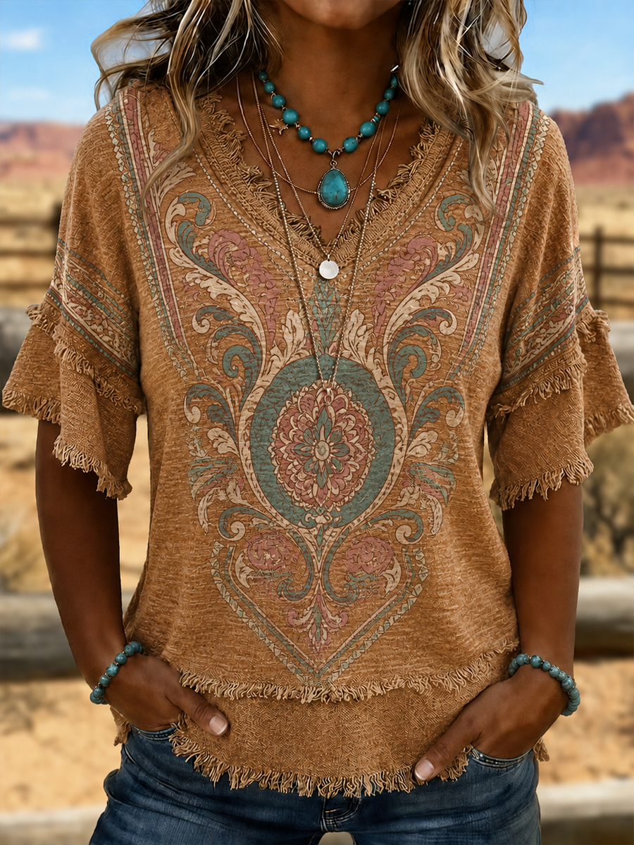 Women's Western-style print Cotton-Linen Shirt