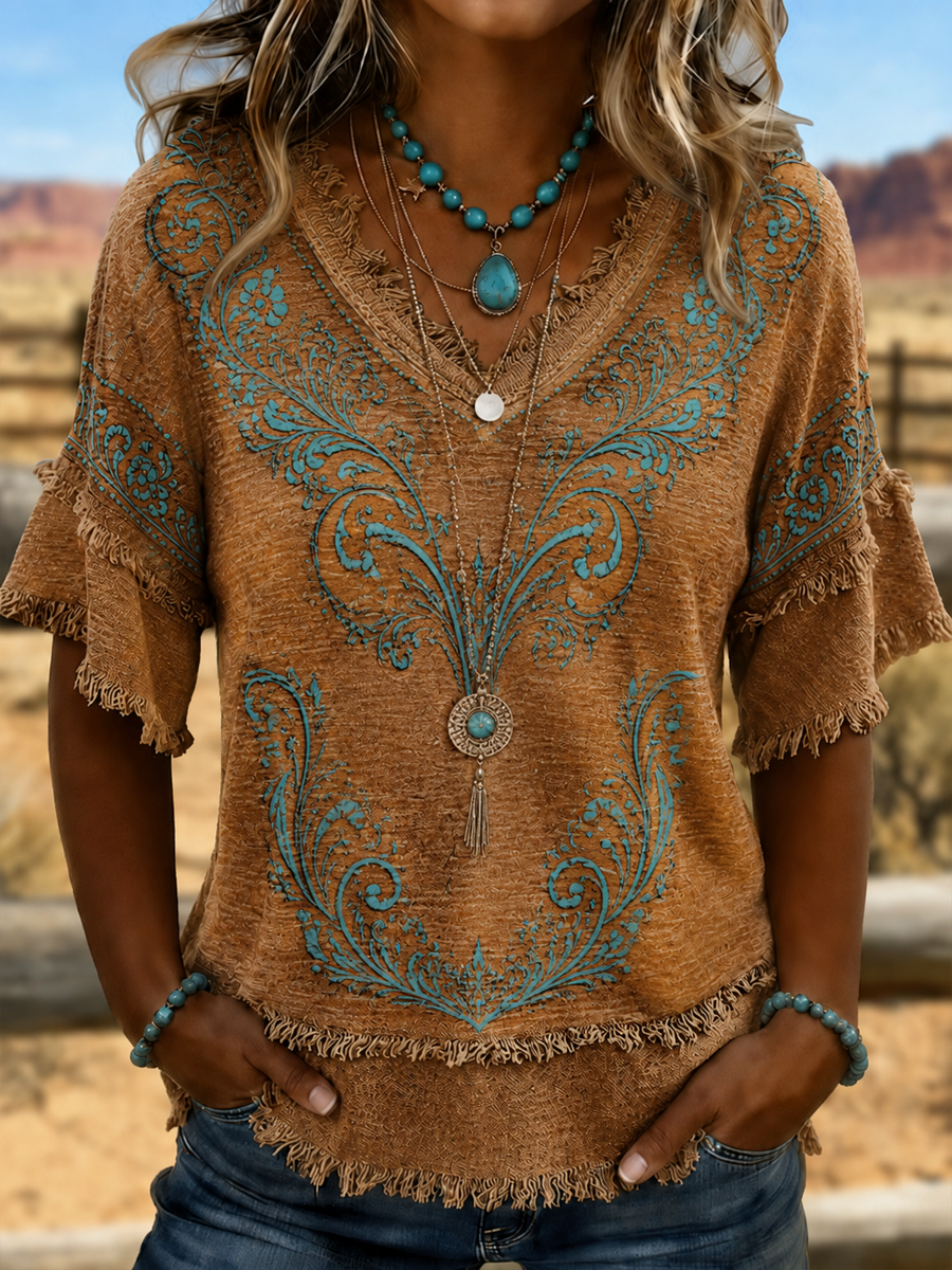 Women's Western-style print Cotton-Linen Shirt