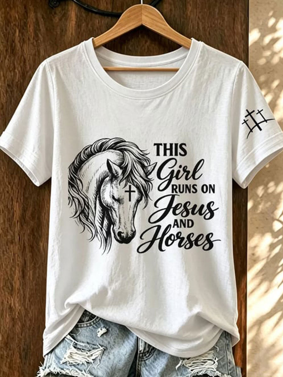Women's This Girl Runs On Jesus And Horses Short-sleeved T-shirt