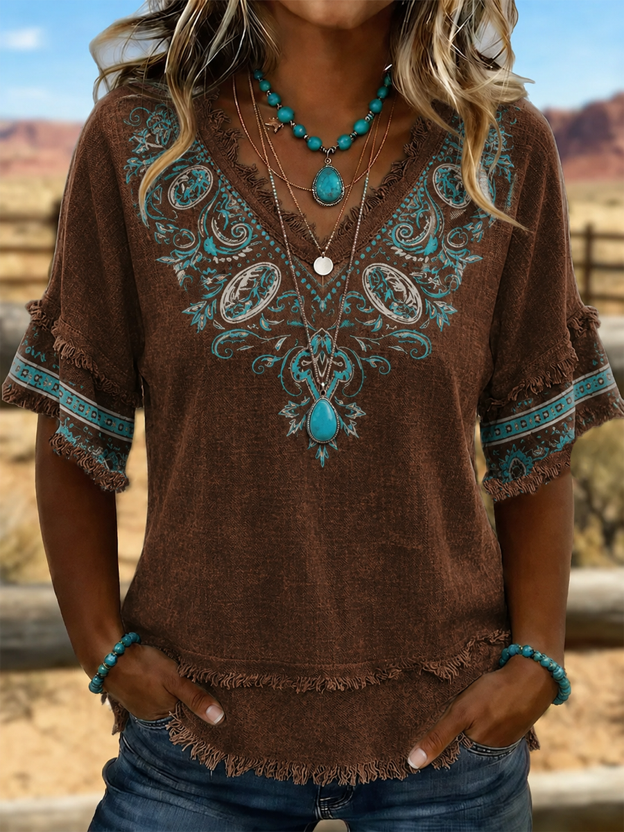 Women's Western-style print Cotton-Linen Shirt