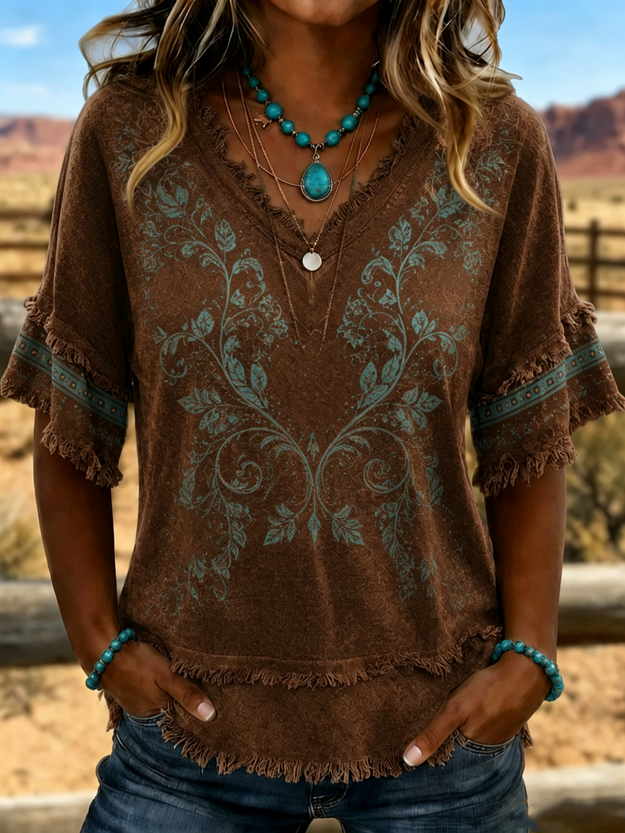 Women's Western-style print Cotton-Linen Shirt