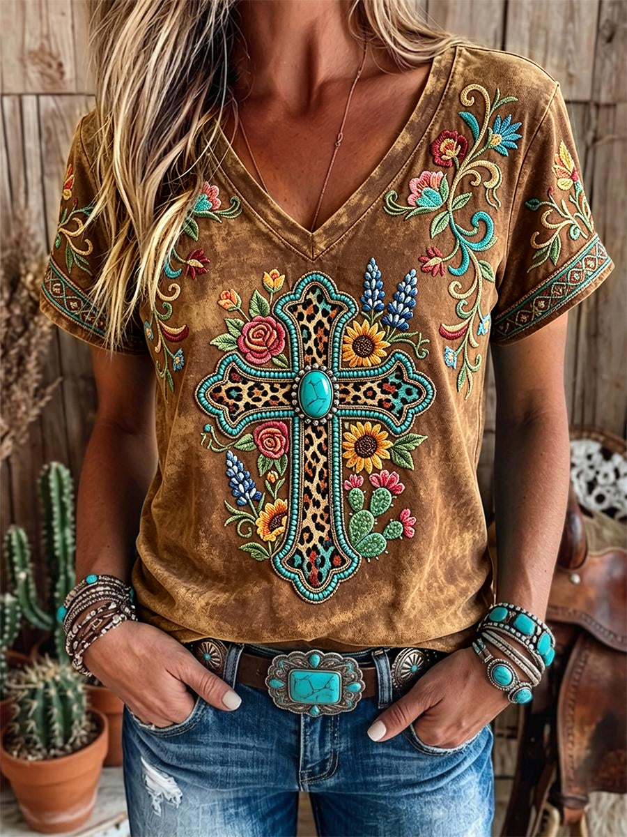 Women's Vintage Western Leopard Turquoise Cross Print Short-sleeved T-shirt