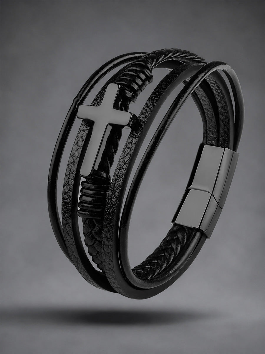 Men's Punk Style Christian Cross Leather Multi-Layer Hand-Woven Rope Bracelet