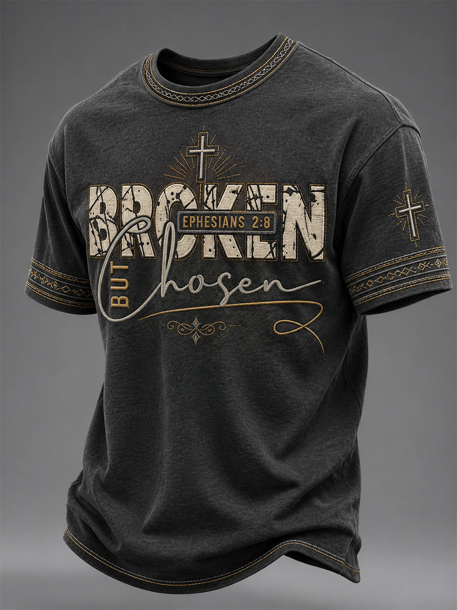 Men's Christian Cross Broken But Chosen Print Casual Tee