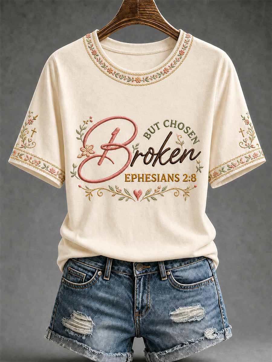 Women's Christian Cross Broken But Chosen Print Casual Tee