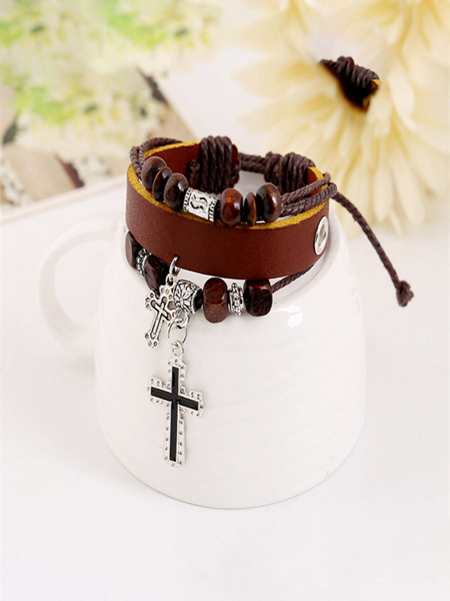 Unisex Beaded Cross Leather Bracelet