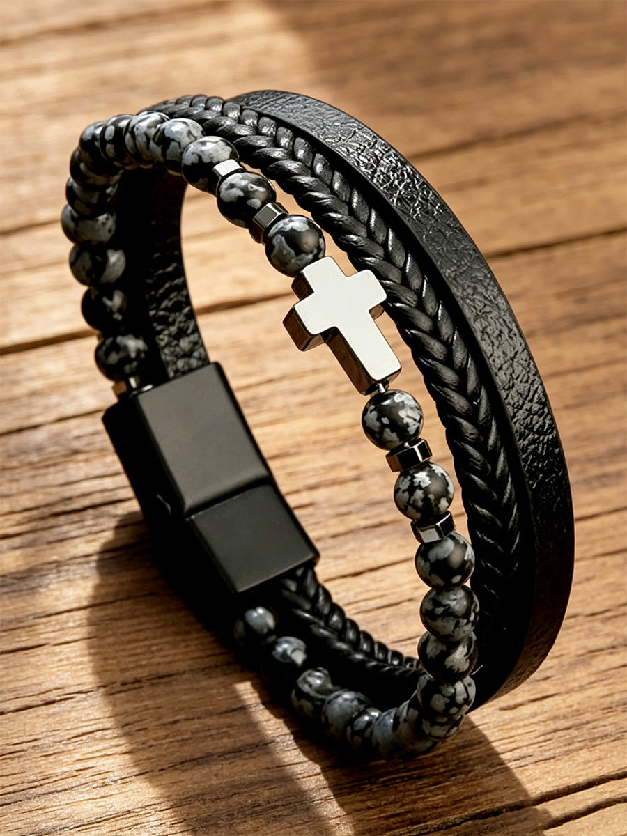 Unisex Natural Stone Obsidian Volcanic Rock Elements Simple Cross-Shaped Multi-Layered Bracelet