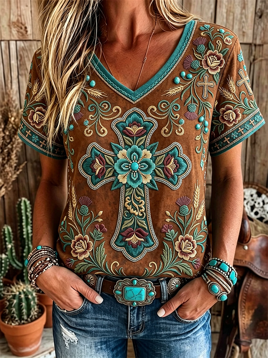 Women's Vintage Western Floral Cross Faith Art Print Short-sleeved T-shirt