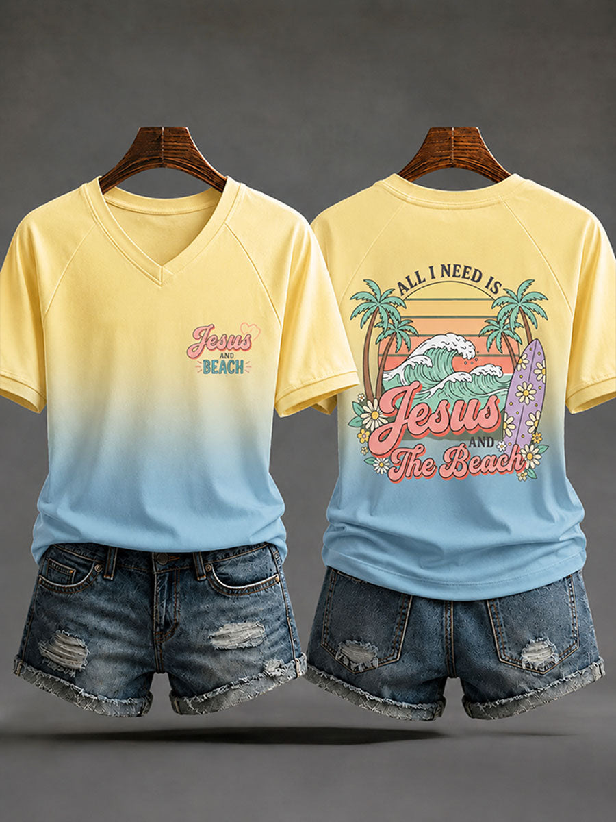 Women's "All I Need Is Jesus and the Beach" Vacation-Style Casual T-Shirt