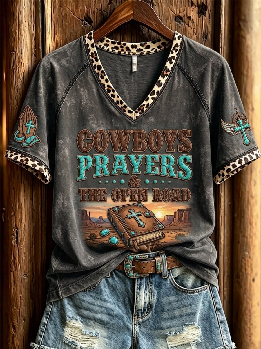 Women's Western Cowboys Prayers & The Open Road Faith Art Print V-neck Short-sleeved T-shirt