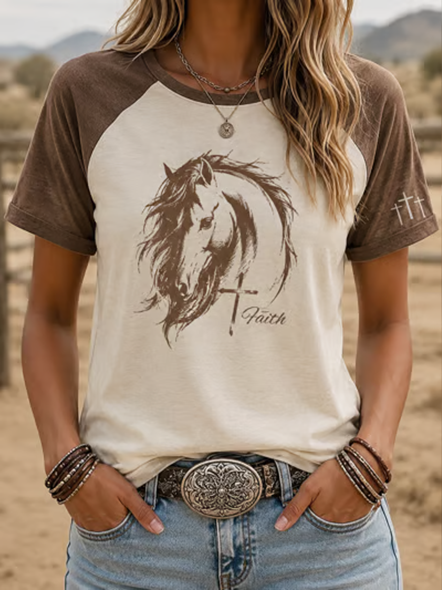 Women's Western-style print round neck short sleeve T-shirt