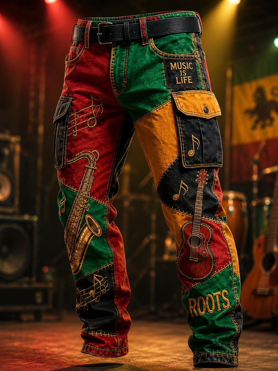 Patchwork Casual Work Pants for Retro Reggae Music Fans