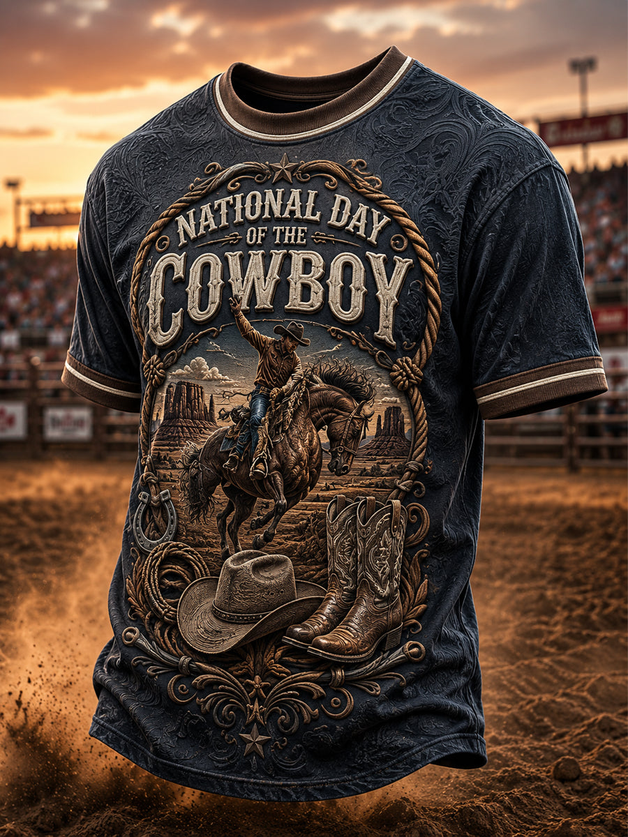 Men’s Retro Western Cowboy Day Print Casual Short-Sleeve T-Shirt.