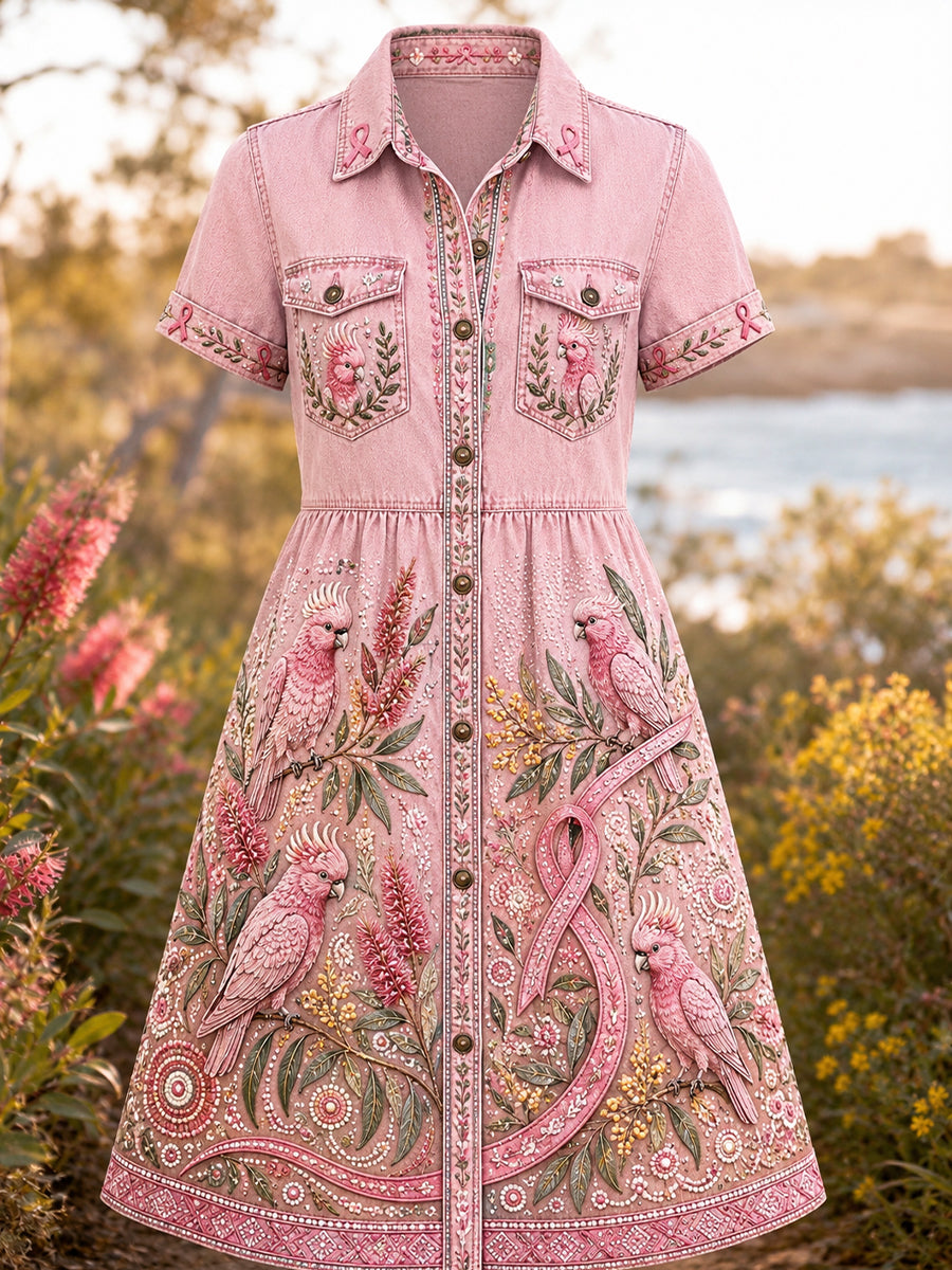 Women's Australia Breast Cancer Awareness Vintage Lapel Pocket Dress