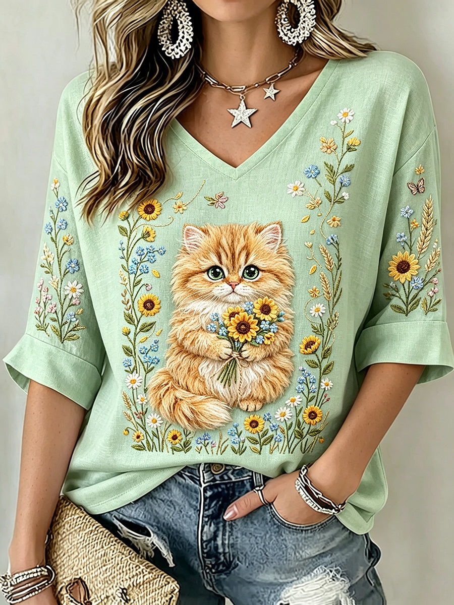 Women's Classy Wildflowers Cat Art Print Linen Short-sleeved T-shirt