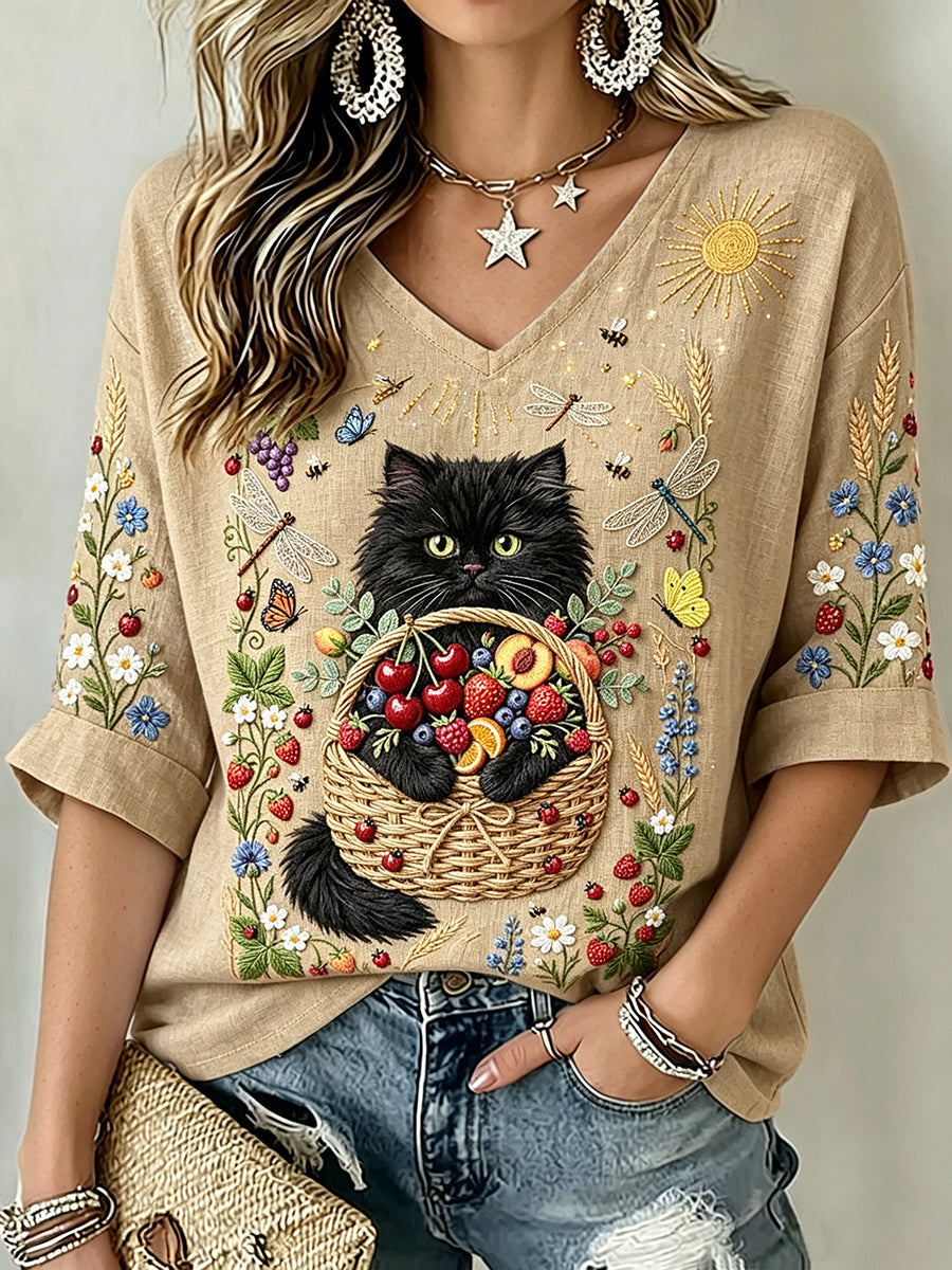Women's Classy Fruits & Black Cat Art Print Linen Short-sleeved T-shirt