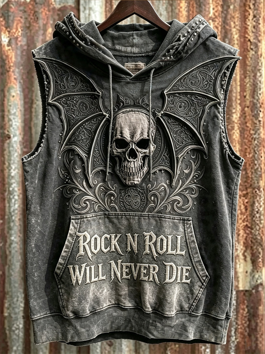 Men's Rock N Roll Will Never Die Skull with Wings Print Hooded Vest