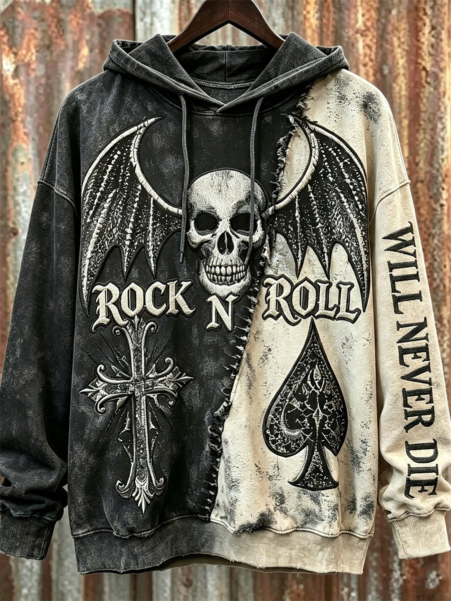 Men's Rock N Roll Will Never Die Skull with Wings Contrast Print Oversized Hoodie