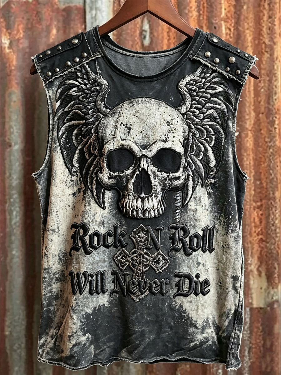 Men's Rock N Roll Will Never Die Skull with Wings Print Racket Vest