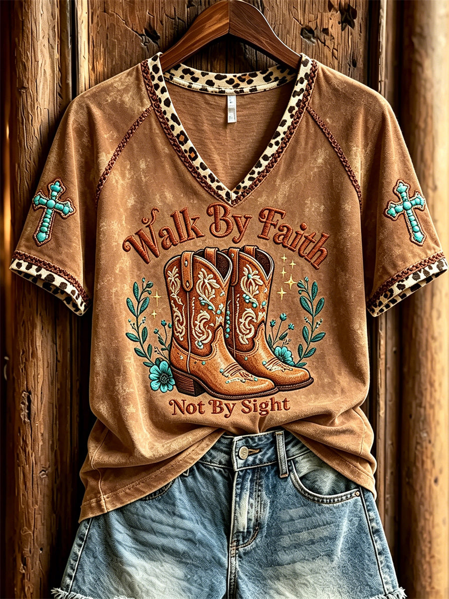 Women's Walk By Faith Not By Sight Western Boots Turquoise Cross Leopard Print short-sleeved T-shirt