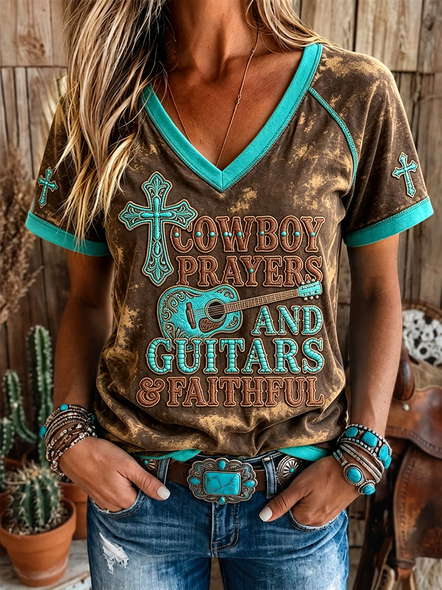 Women's Vintage Western Faith Art Print V-neck Short-sleeved T-shirt